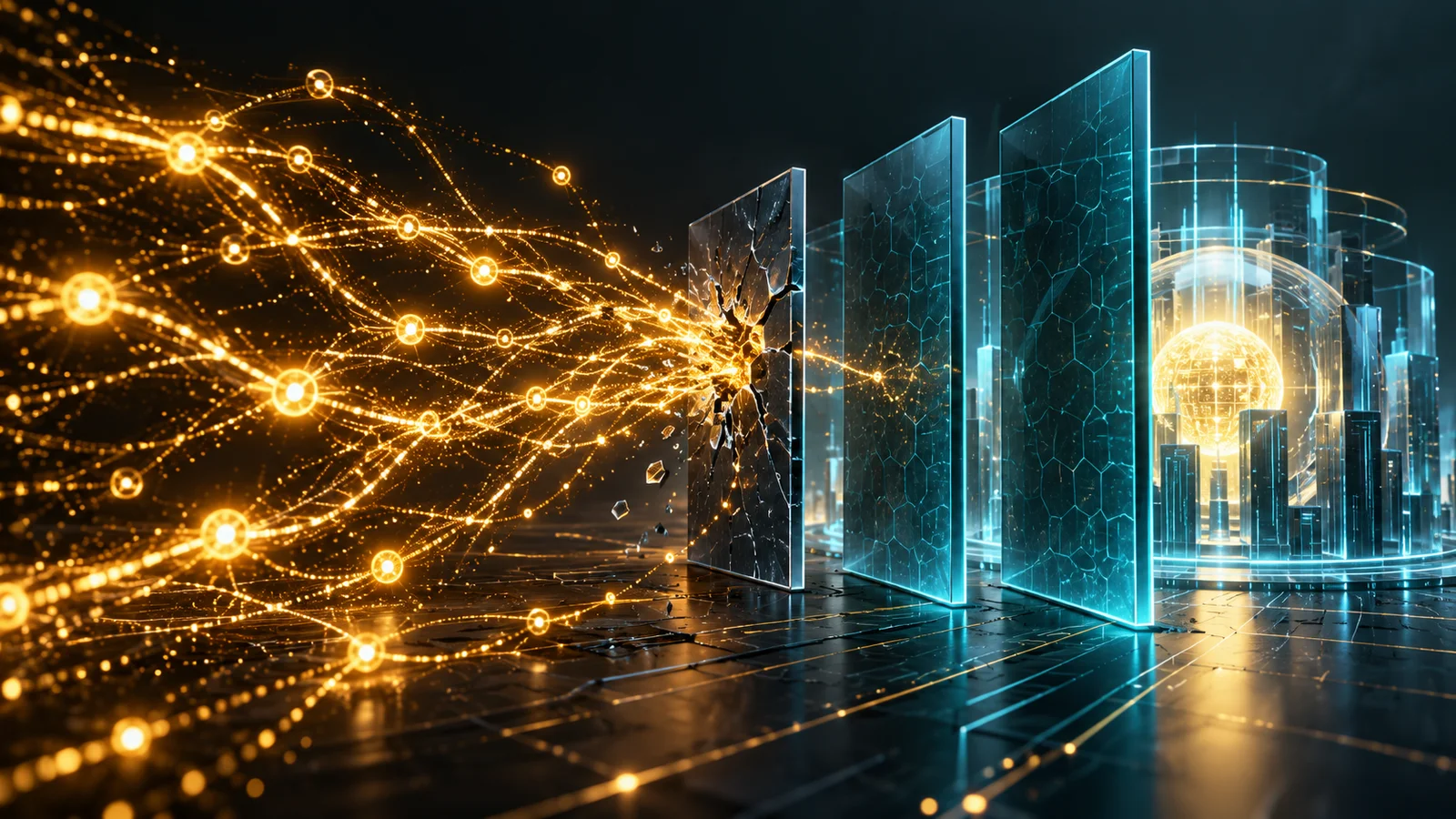Golden attack paths meet independent blue security barriers protecting a digital core