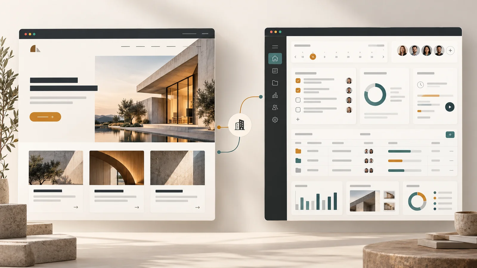 Illustration comparing a public business website with a task-management web app