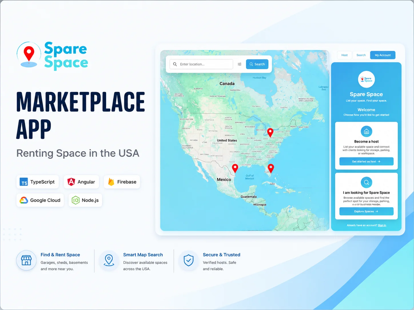 Spare Space marketplace app: map search, hosts and renters